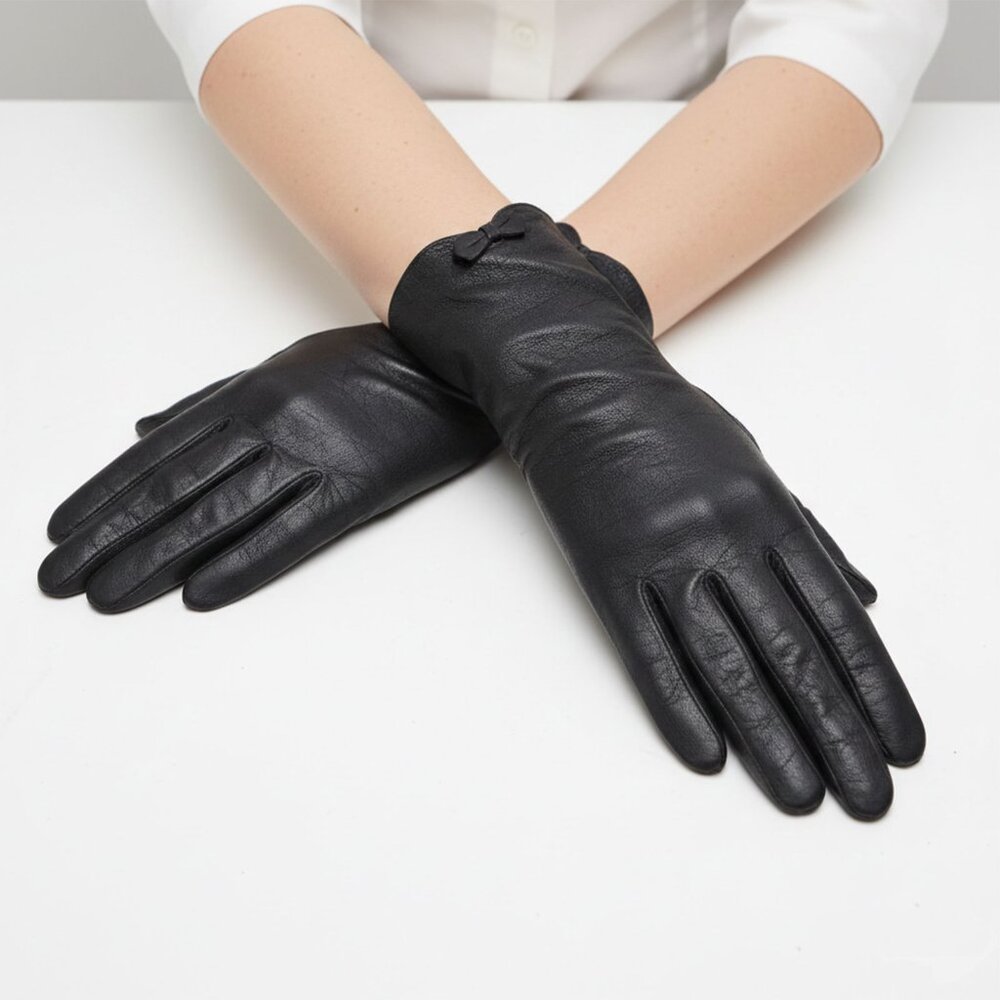 Vintage Black Real Kid Leather Evening Gloves Bow Trim Accent Size 6.5 Washable